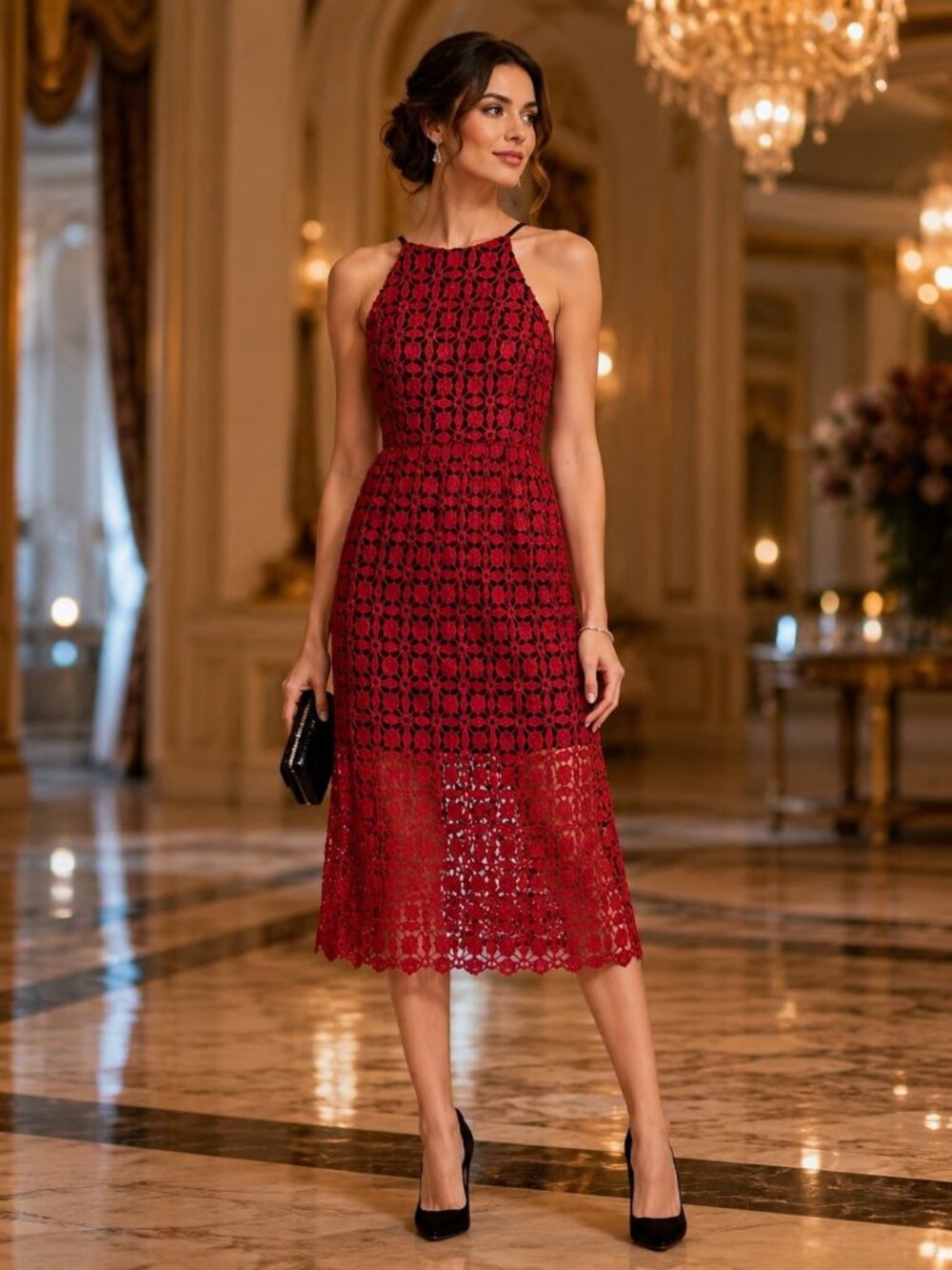 AQUA Couture Romeo & Juliet Red Crochet Lace Midi Dress S MSRP $200 NWT